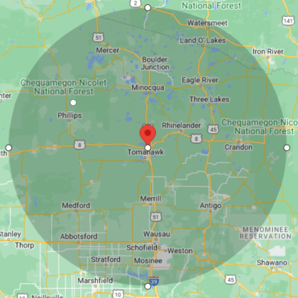 Map representing the area serviced by Foley's Tree Service LLC, 60 miles around Tomohawk, WI